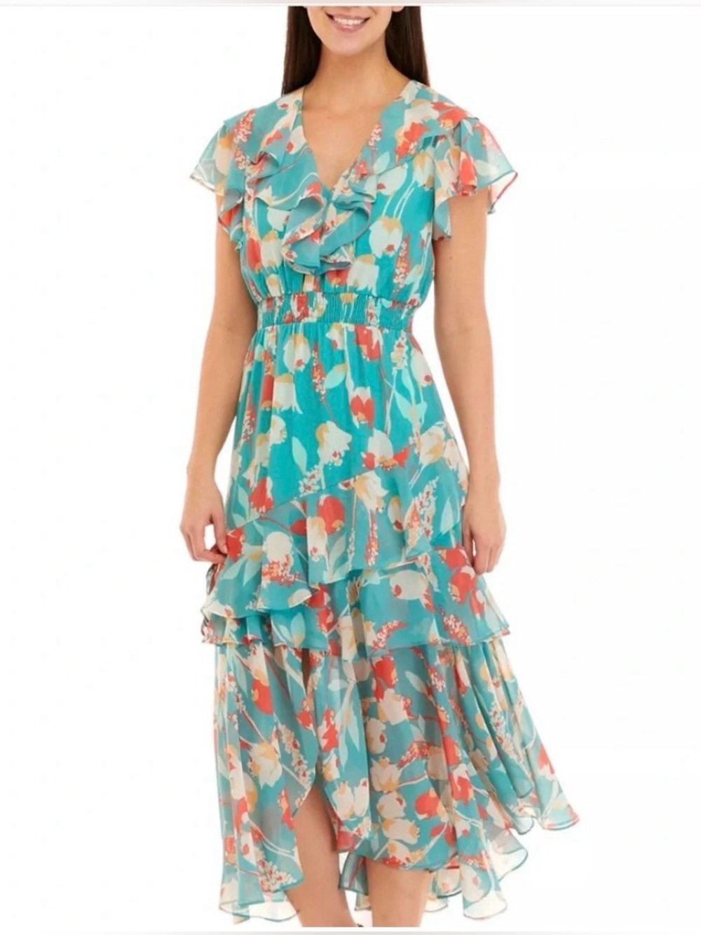 Taylor Teal Floral Tiered Ruffle Midi Maxi Dress Low Split EUC